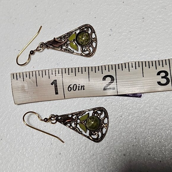 Boho Filigree Flowered Triangle Drop Earrings Green Stone Fashion Jewelry Women - Picture 4 of 4
